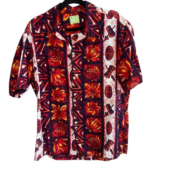 Ui-Maikai Vintage 70s Hawaiian Red Tribal Print Shirt - Picture 1 of 9